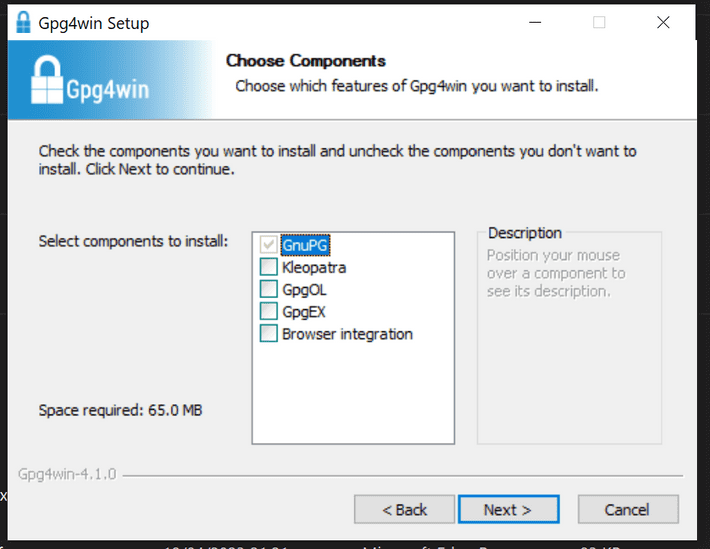Screenshot showing the install options for Gpg4win